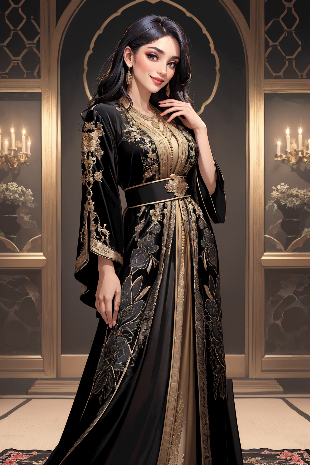 14073-2600567247-((masterpiece,best quality,edgQuality)),(smile),looking at viewer,standing,_edgCaftan, a woman in a black floral robe posing for.png